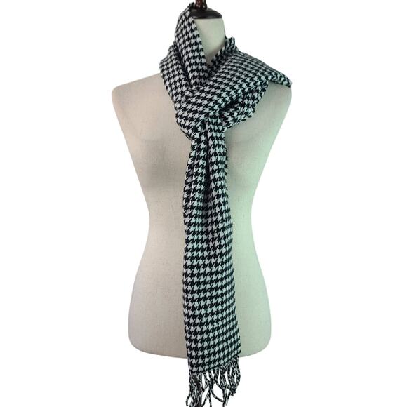 Cashmere Black White Houndstooth Made in England Fringe Hem Scarf 12 x 64 - Picture 1 of 3